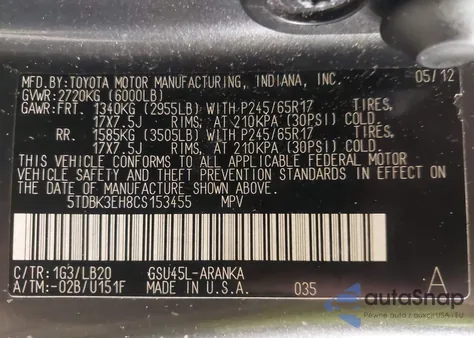 2012 Toyota Highlander Se V6 from USA, damaged, VIN 5TDBK3EH8CS153455